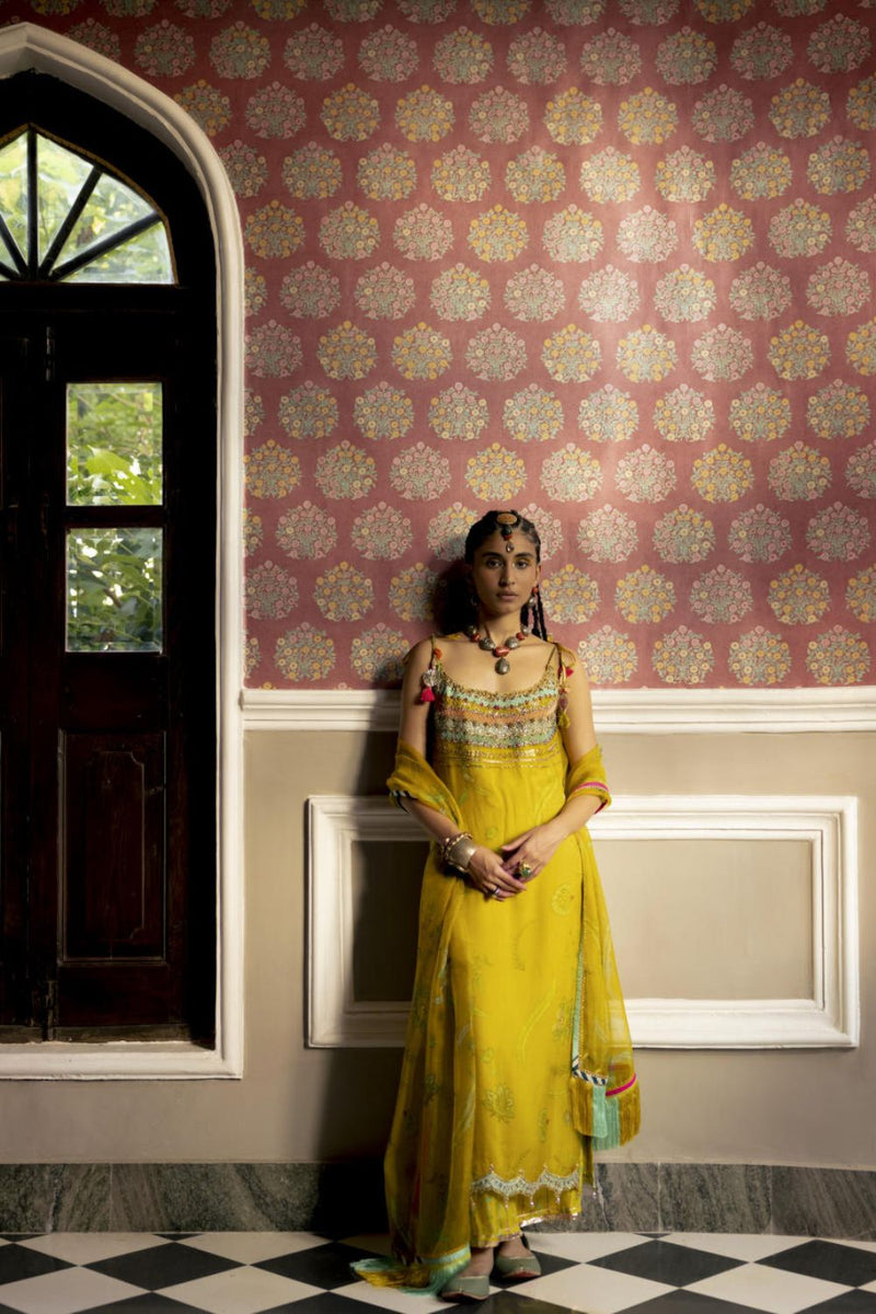 Fariba Lime Yellow Oganza Kurta Set Kurta Sets by Rajiramniq for women in Singapore