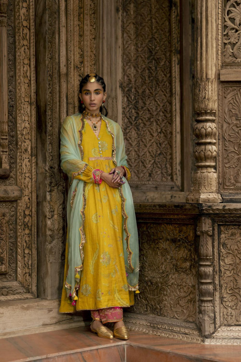 Fariba Lime Yellow Printed Back Yoke Kurta Set Kurta Sets by Rajiramniq for women in Singapore