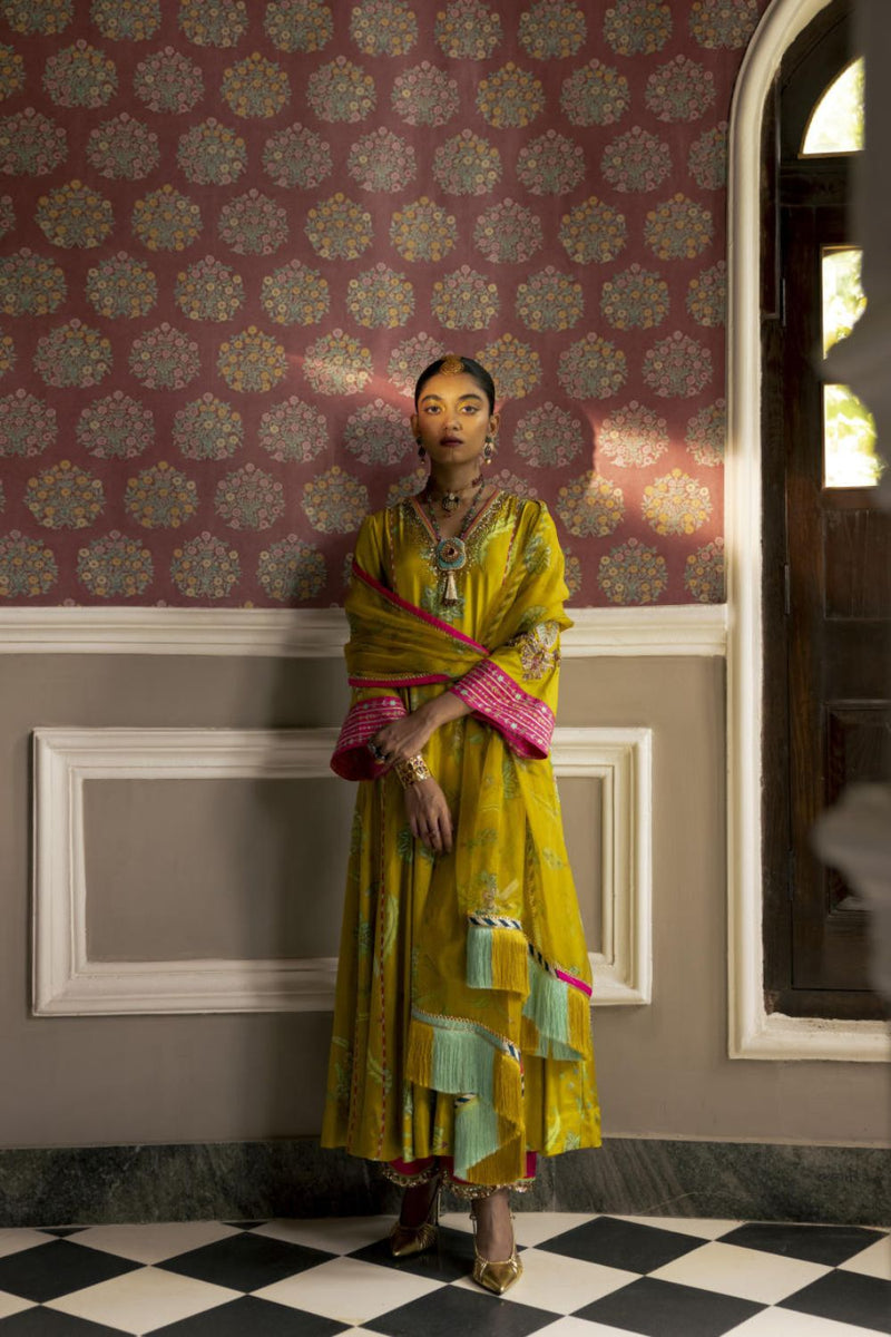 Fariba Lime Yellow Printed Side Kali Kurta Set Kurta Sets by Rajiramniq for women in Singapore