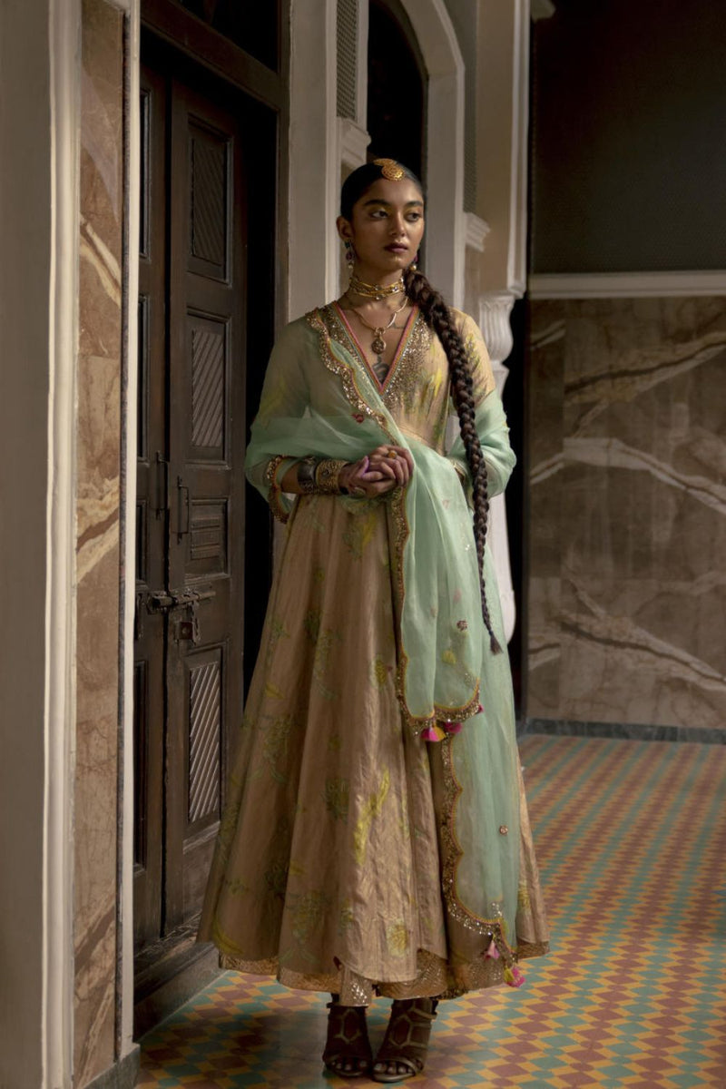 Fariba Nude Pink Printed Tissue Anarkali Set Kurta Sets by Rajiramniq for women in Singapore