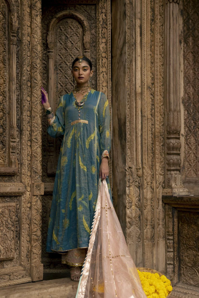 Fariba Moonlight Blue Printed Back Yoke Kurta Set Kurta Sets by Rajiramniq for women in Singapore