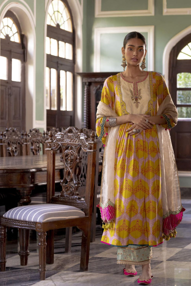 Fariba Lime Yellow Ivory Yoke Kurta Set Kurta Sets by Rajiramniq for women in Singapore