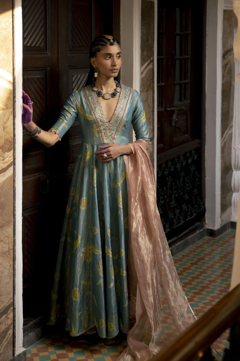Fariba Moonlight Printed Tissue Anarkali Set Kurta Sets by Rajiramniq for women in Singapore