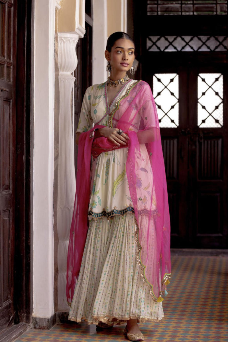 Fariba Ivory Printed Scallop Gharara Set Kurta Sets by Rajiramniq for women in Singapore