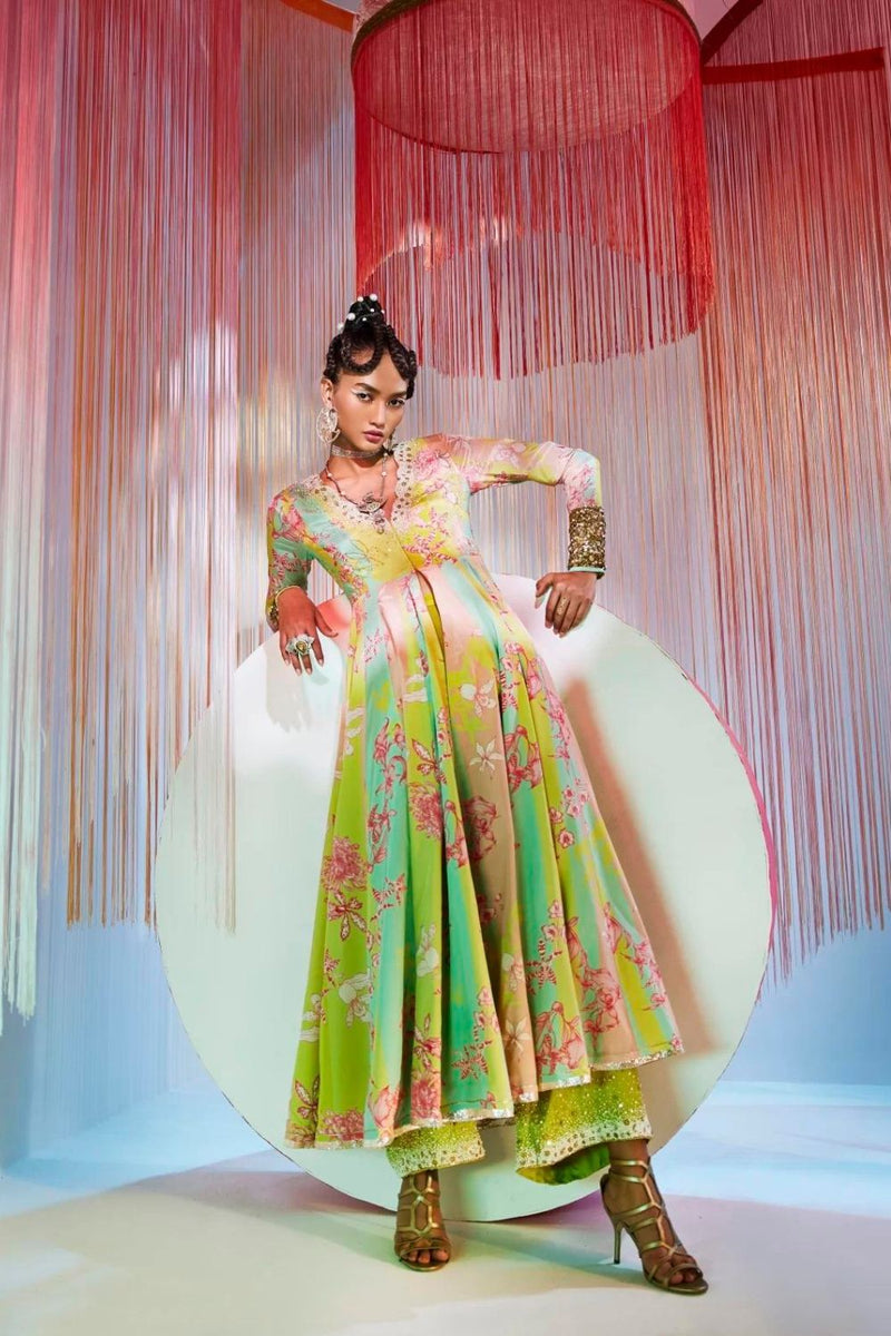 LIME YELLOW ORCHID ANARKALI SET Kurta Sets by Rajiramniq for women in Singapore