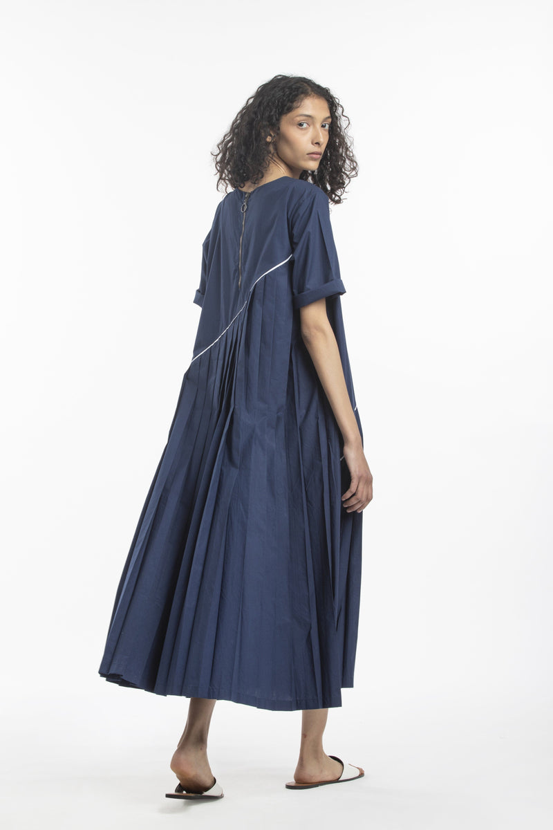 ASYMMETRIC PLEAT DRESS-NAVY Dress by THREE for women in Singapore