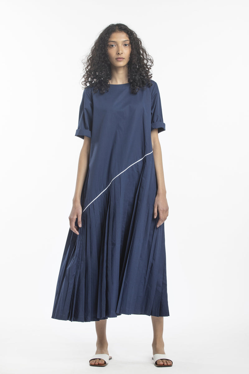 ASYMMETRIC PLEAT DRESS-NAVY Dress by THREE for women in Singapore