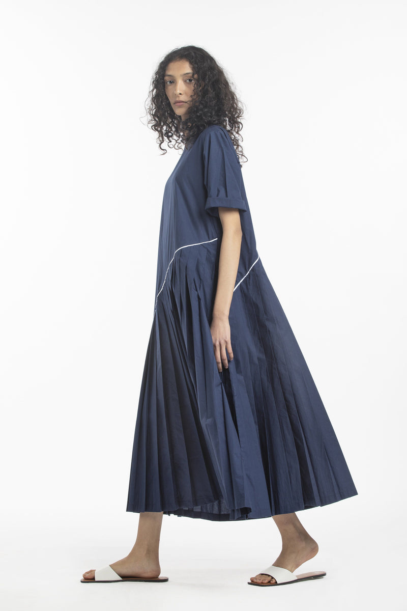 ASYMMETRIC PLEAT DRESS-NAVY Dress by THREE for women in Singapore