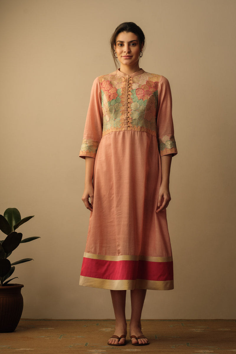 Banaras Bloom A-line Applique Dress Peach Banaras Bloom A-line applique dress peach by Mallika Mathur by Mallika Mathur for women in Singapore