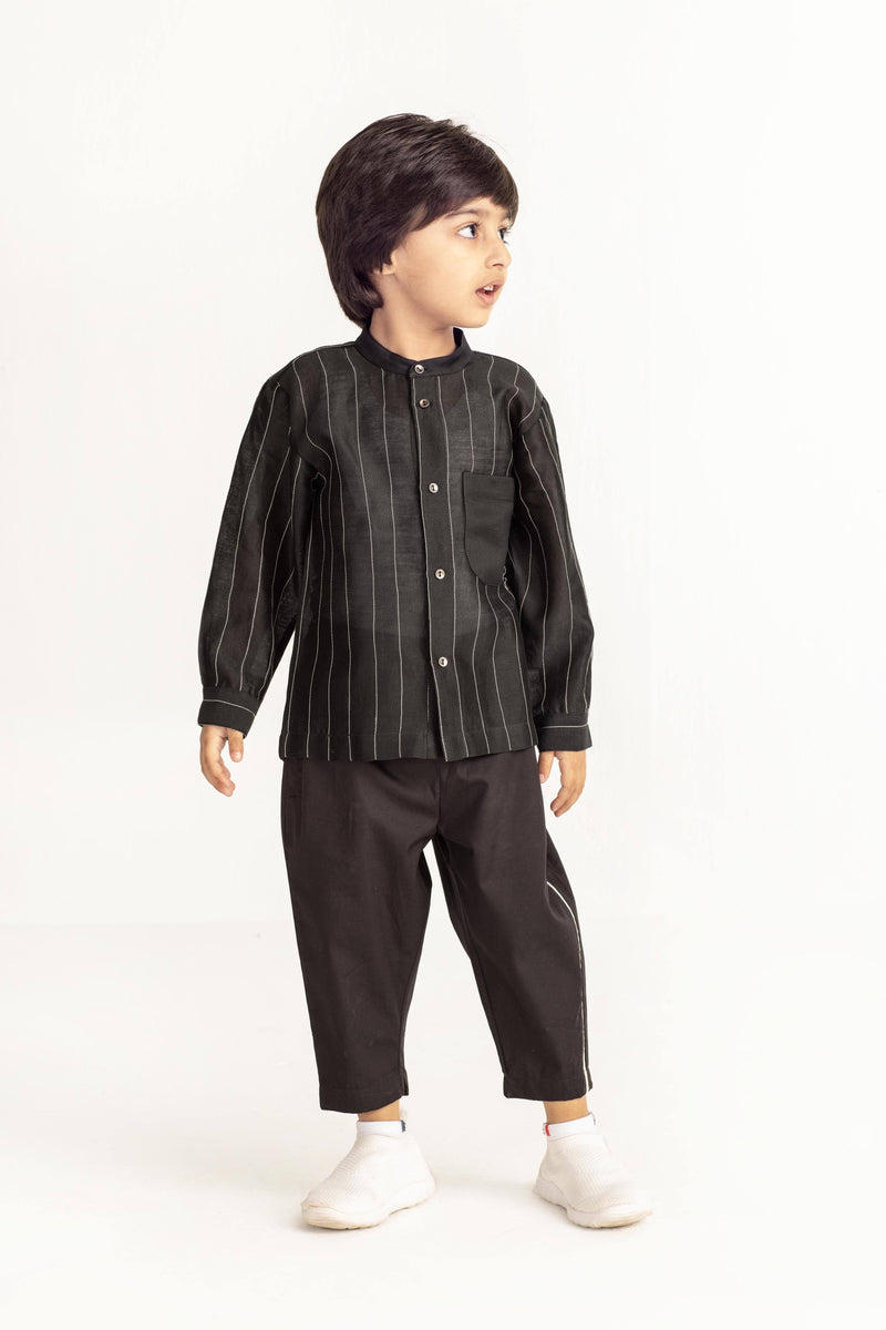 Band Collar Chanderi Shirt Co-ord- Black Co-ord Set by THREE Kids for kids in Singapore