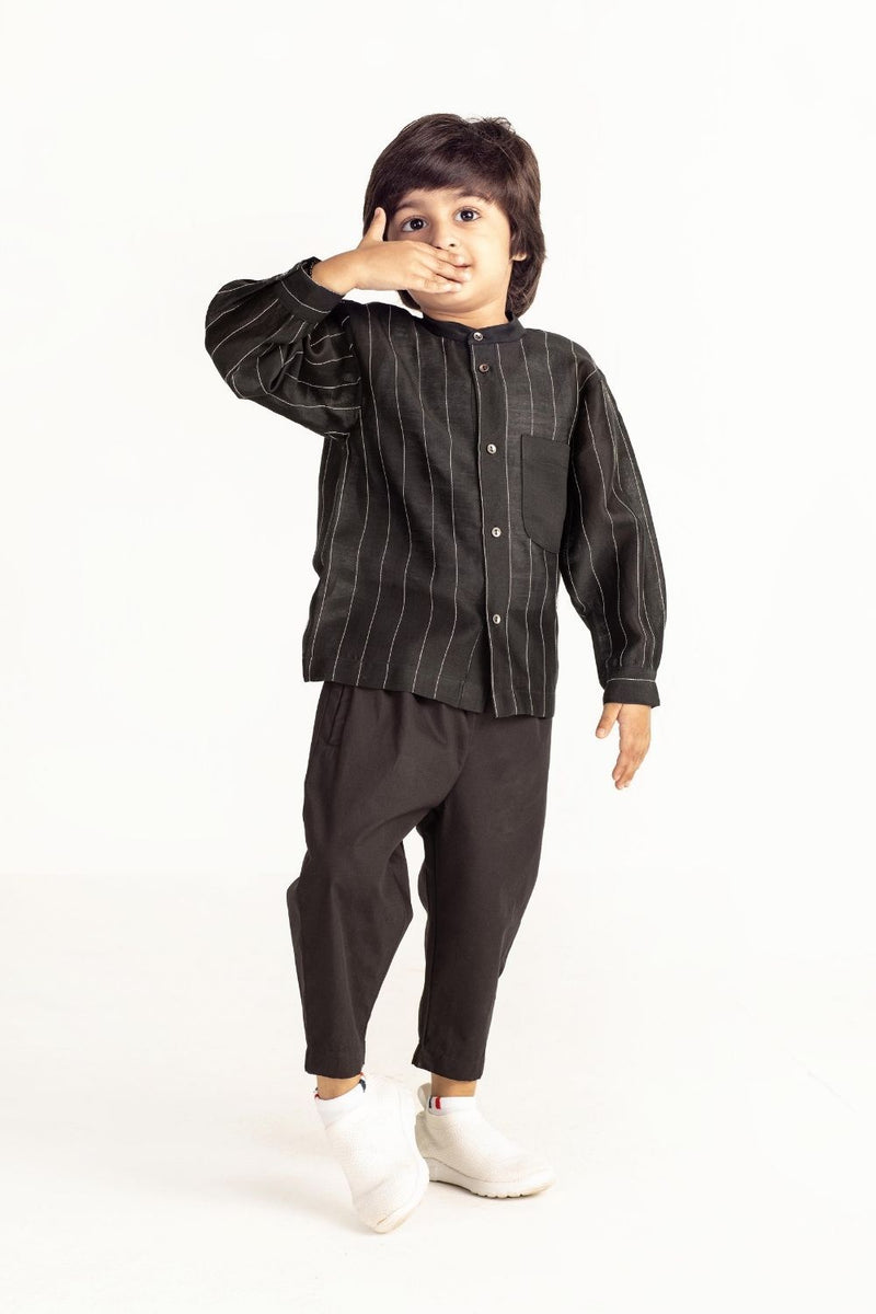 Band Collar Chanderi Shirt Co-ord- Black Co-ord Set by THREE Kids for kids in Singapore