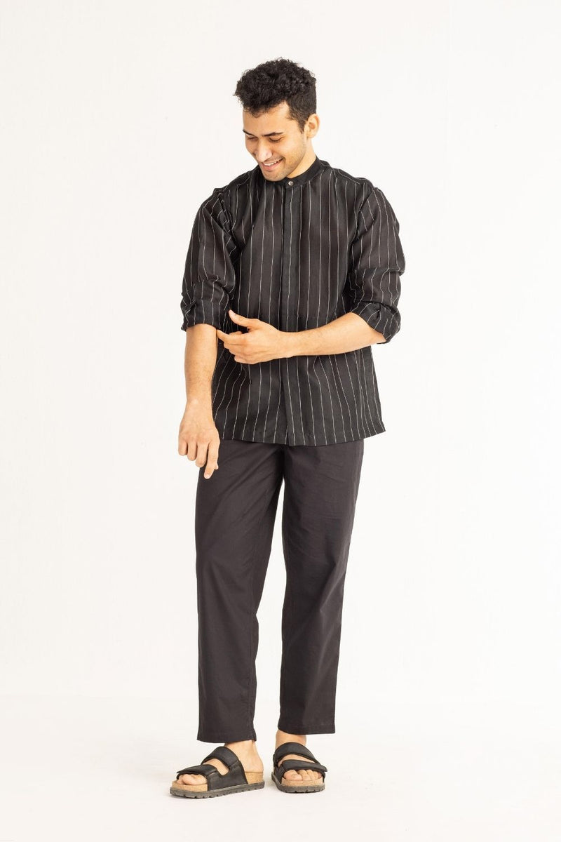 Band Collar Shirt- Black Chanderi by THREE Men for men in Singapore