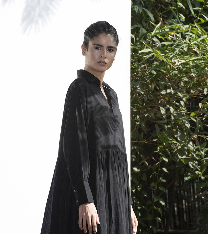 Black Petunia Collared Long Dress Dress by Khara Kapas in black for women in Singapore