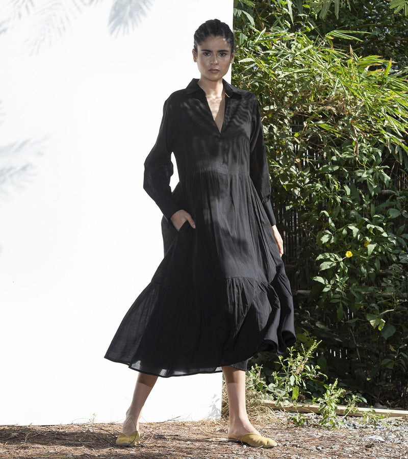 Black Petunia Collared Long Dress Dress by Khara Kapas in black for women in Singapore