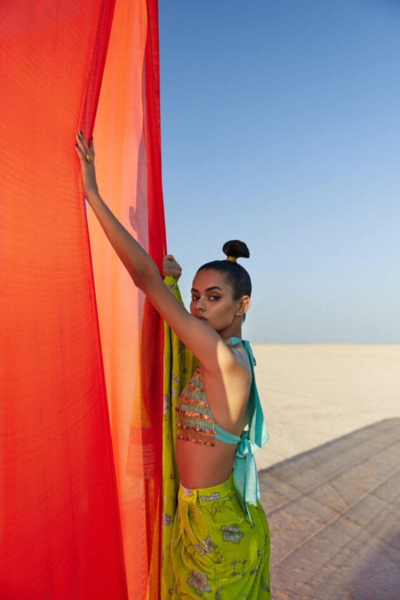 B.LIME PRINTED SILK VELVET JACKET CO-ORD SET Kurta Sets by Rajiramniq for women in Singapore