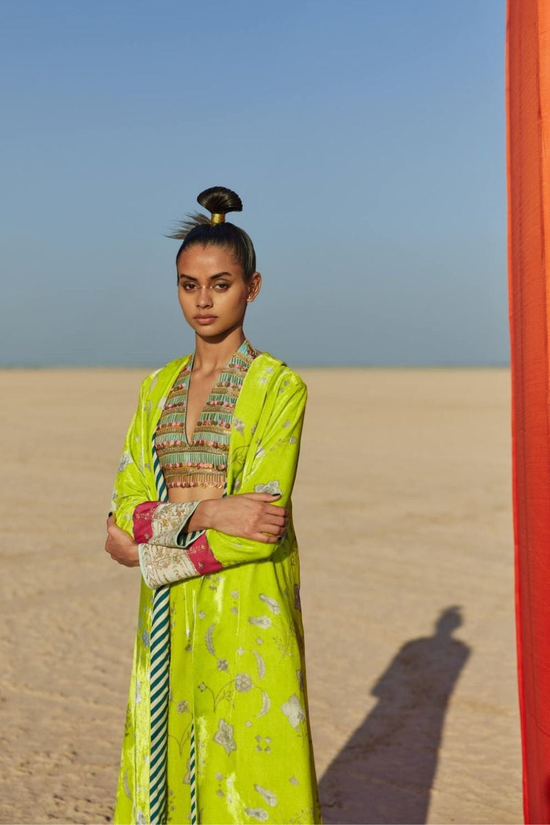 B.LIME PRINTED SILK VELVET JACKET CO-ORD SET Kurta Sets by Rajiramniq for women in Singapore