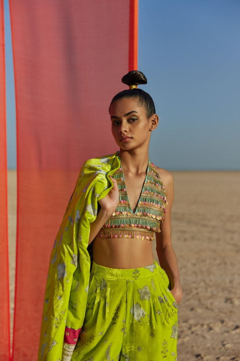 B.LIME PRINTED SILK VELVET JACKET CO-ORD SET Kurta Sets by Rajiramniq for women in Singapore