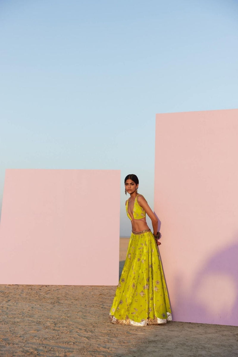 B.LIME PRINTED SILK VELVET LAHENGA SET by Rajiramniq for women in Singapore