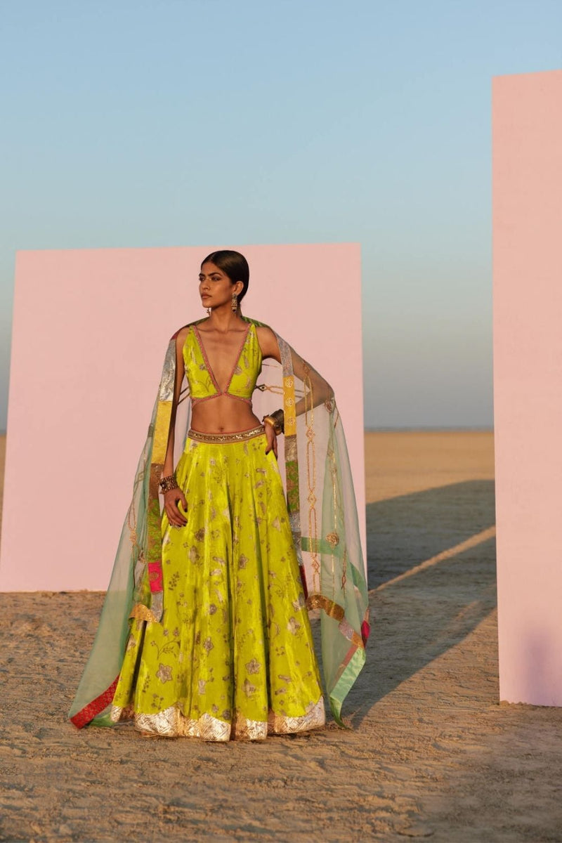 B.LIME PRINTED SILK VELVET LAHENGA SET by Rajiramniq for women in Singapore