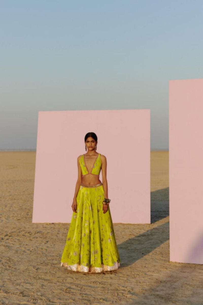 B.LIME PRINTED SILK VELVET LAHENGA SET by Rajiramniq for women in Singapore