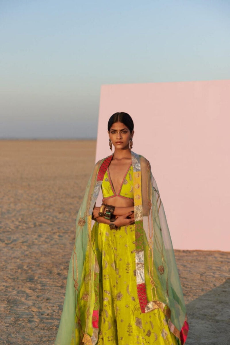 B.LIME PRINTED SILK VELVET LAHENGA SET by Rajiramniq for women in Singapore