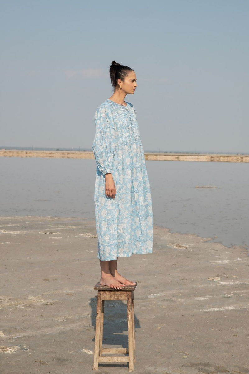 Blue Lilies Gather Dress Fashion Marche