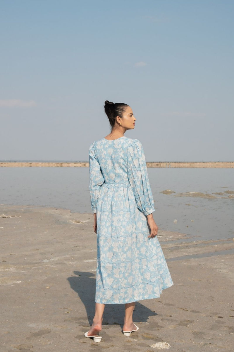 Blue Lilies Gather Dress Fashion Marche