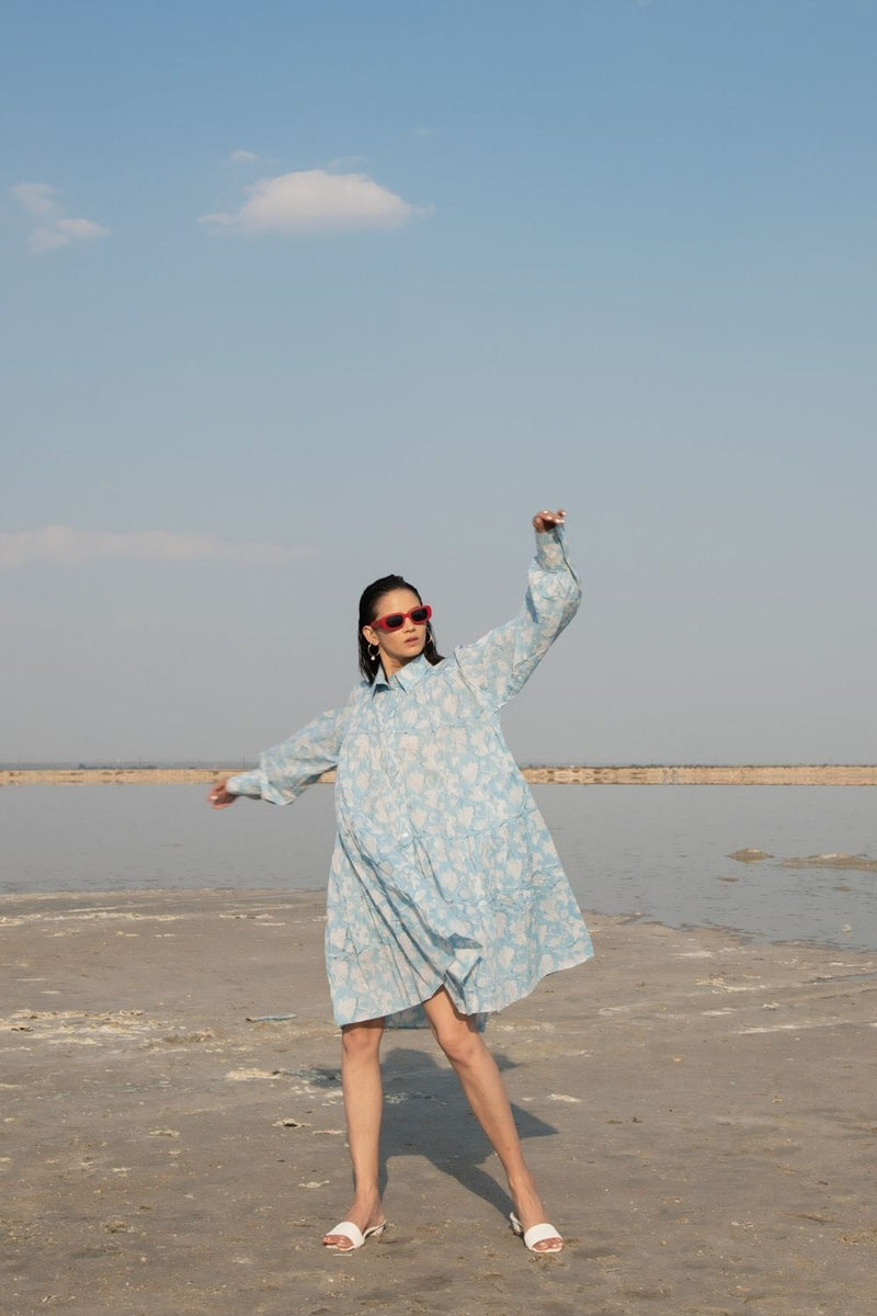 Blue Lilies Short Tier Dress Fashion Marche