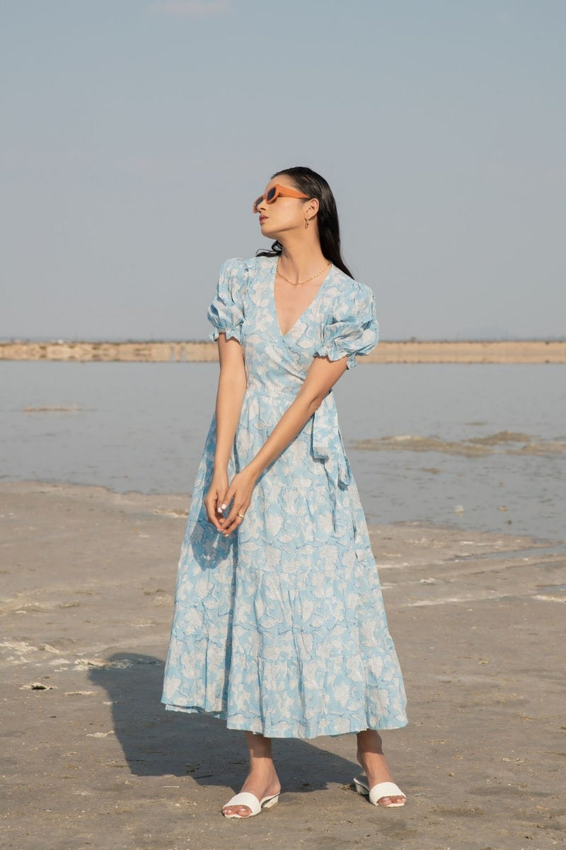 Blue Lilies Tier Wrap Dress Fashion Marche