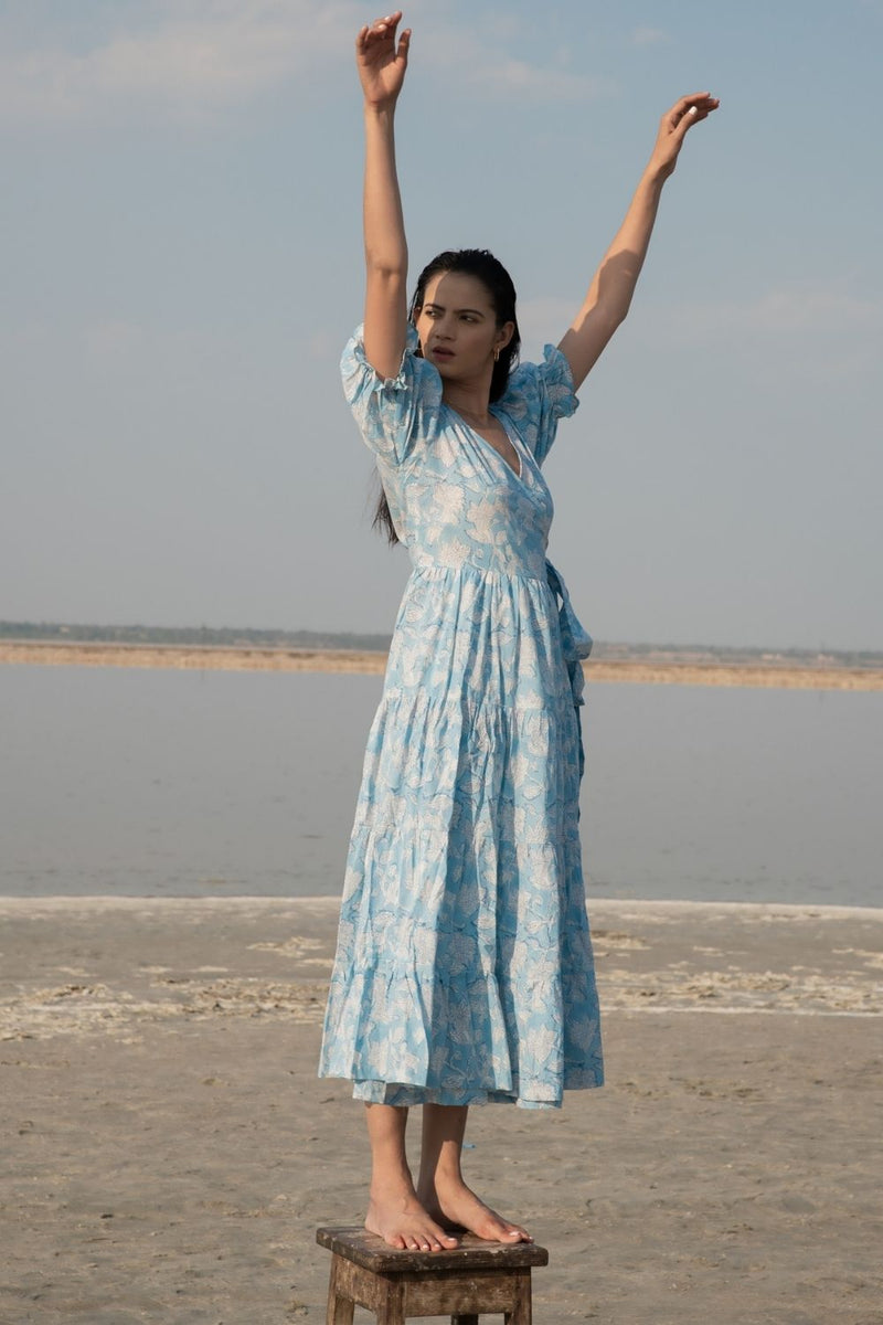 Blue Lilies Tier Wrap Dress Fashion Marche