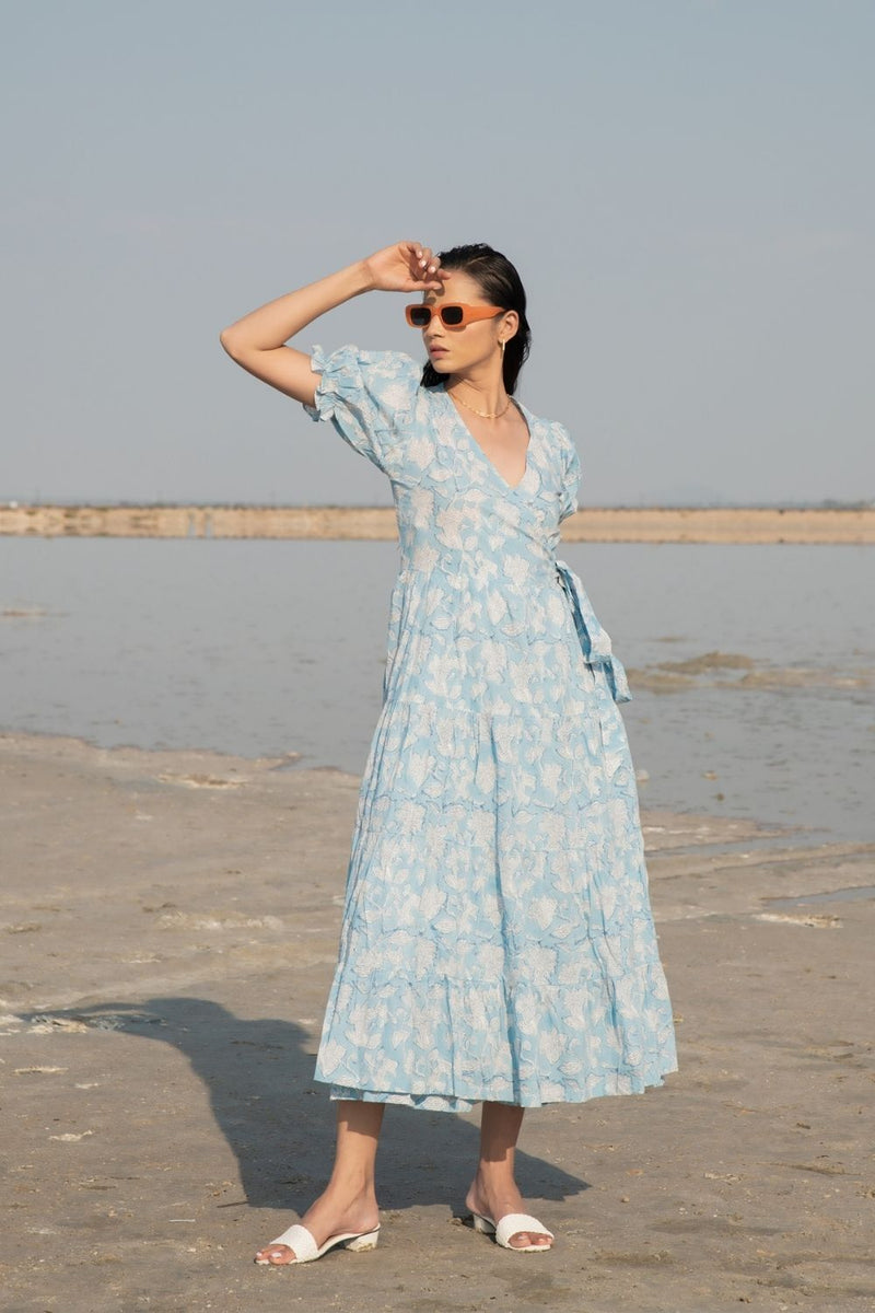 Blue Lilies Tier Wrap Dress Fashion Marche