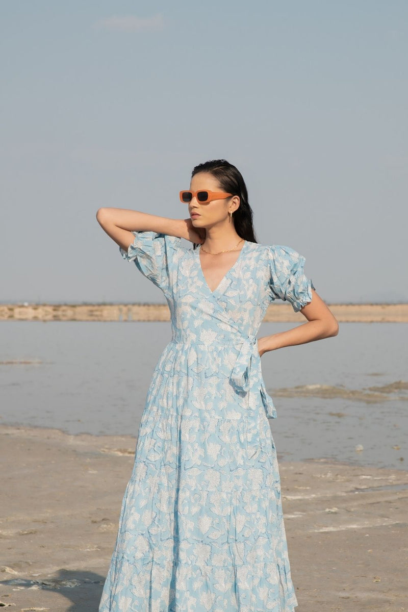 Blue Lilies Tier Wrap Dress Fashion Marche