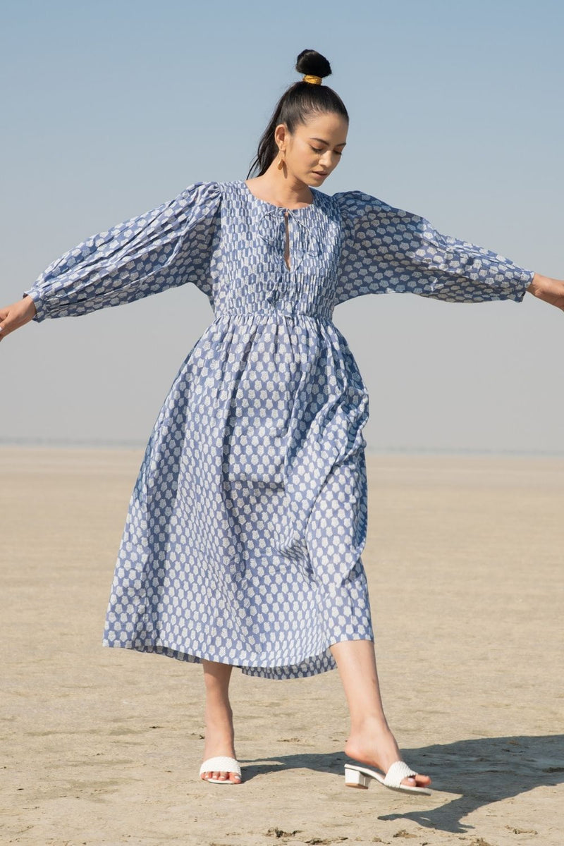 Blue Lotus Gather Dress Fashion Marche