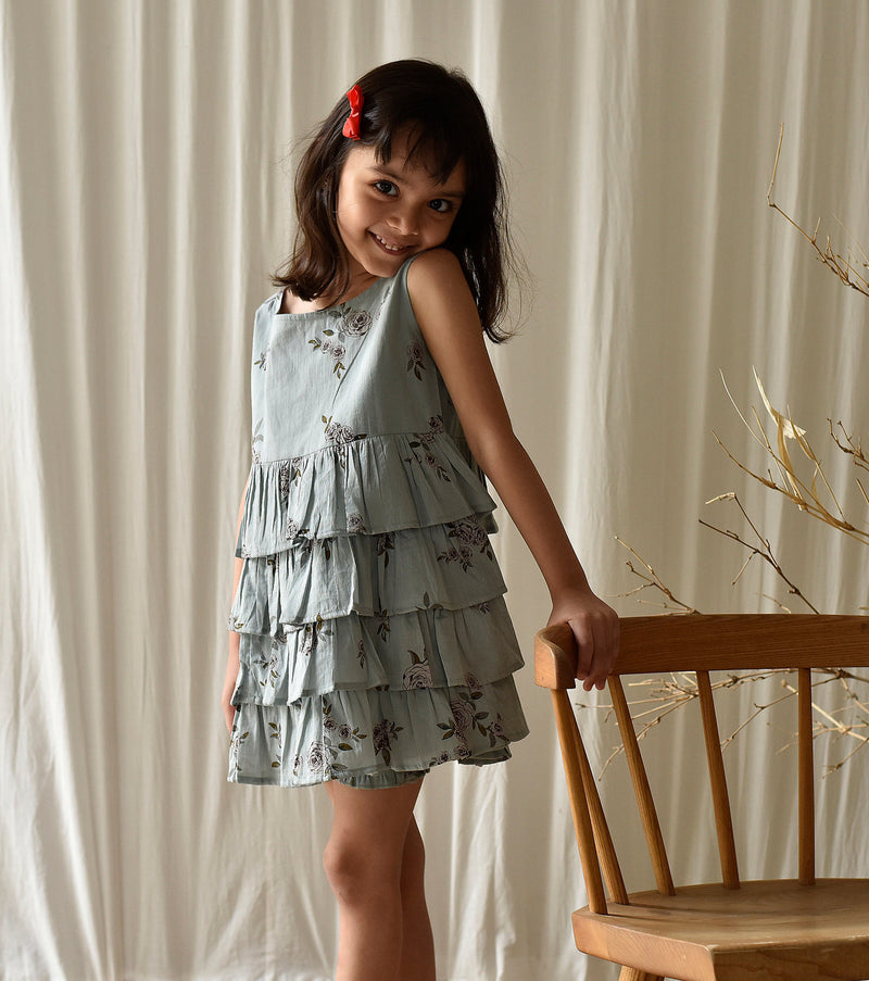 Blue Rose Frock Dress by Khara Kapas Kids for kids in Singapore