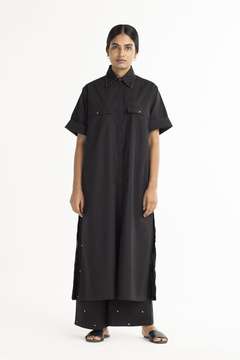 Bottom Pleat Shirt - Black linen by THREE in black color for women in Singapore