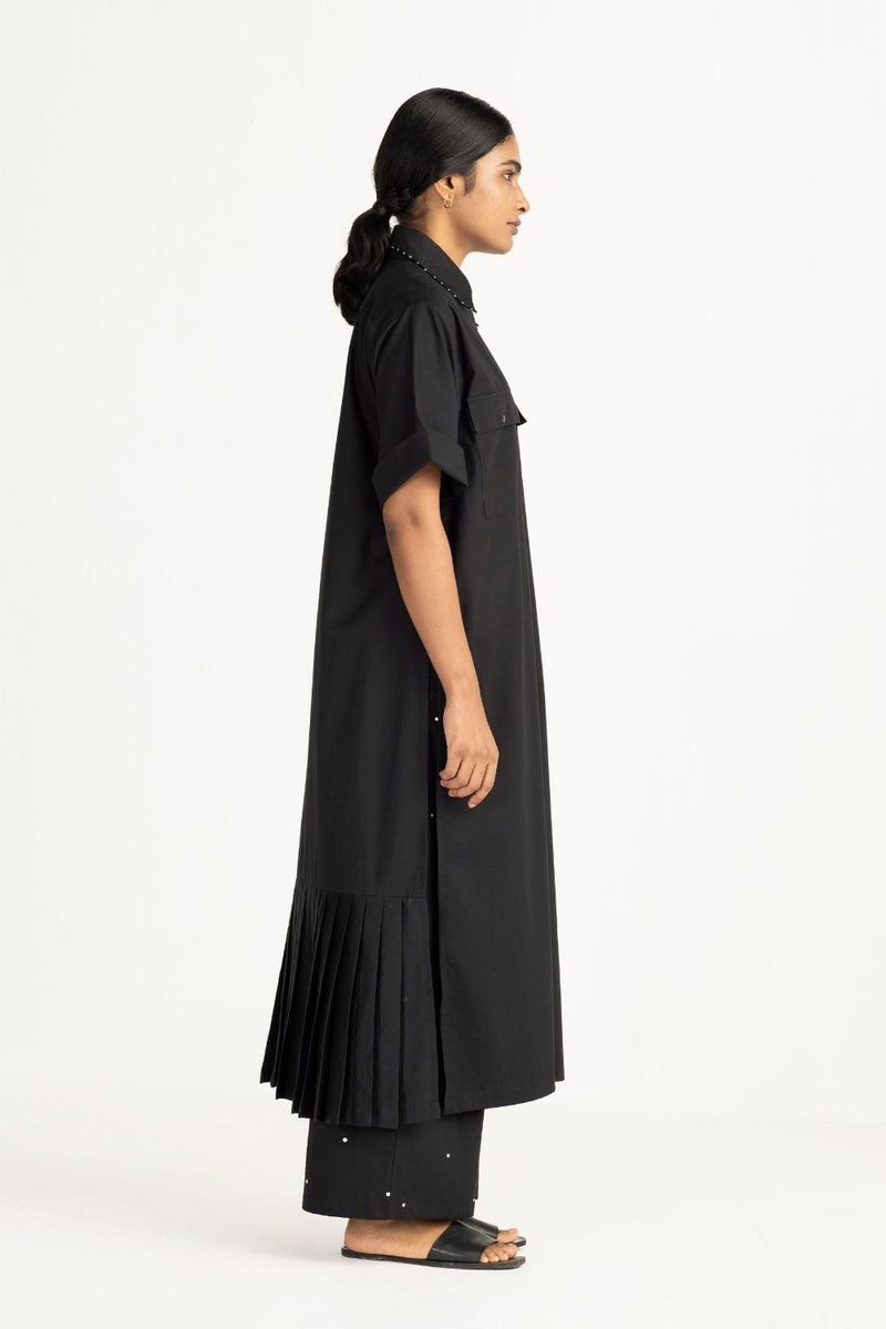 Bottom Pleat Shirt - Black linen by THREE in black color for women in Singapore