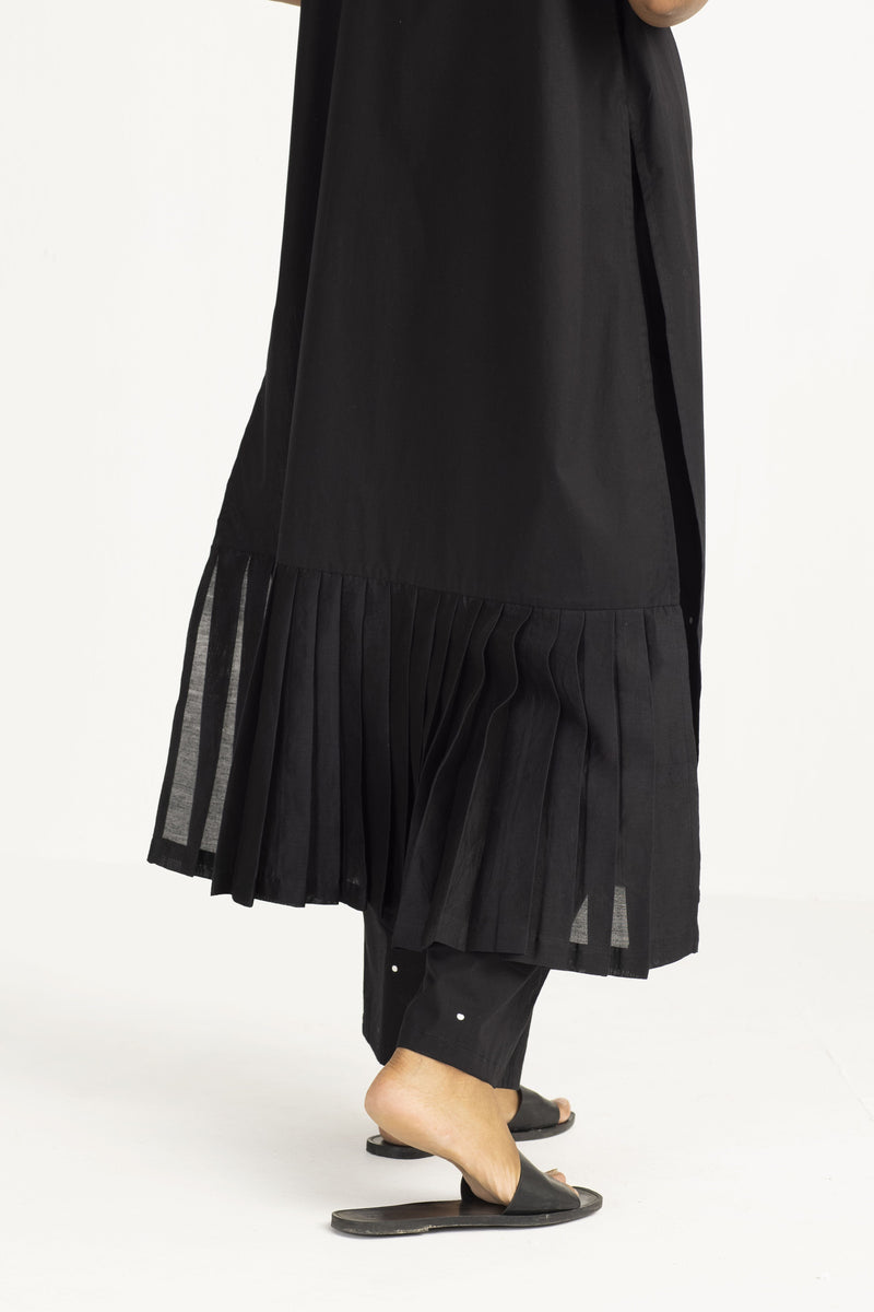 Bottom Pleat Shirt - Black linen by THREE in black color for women in Singapore