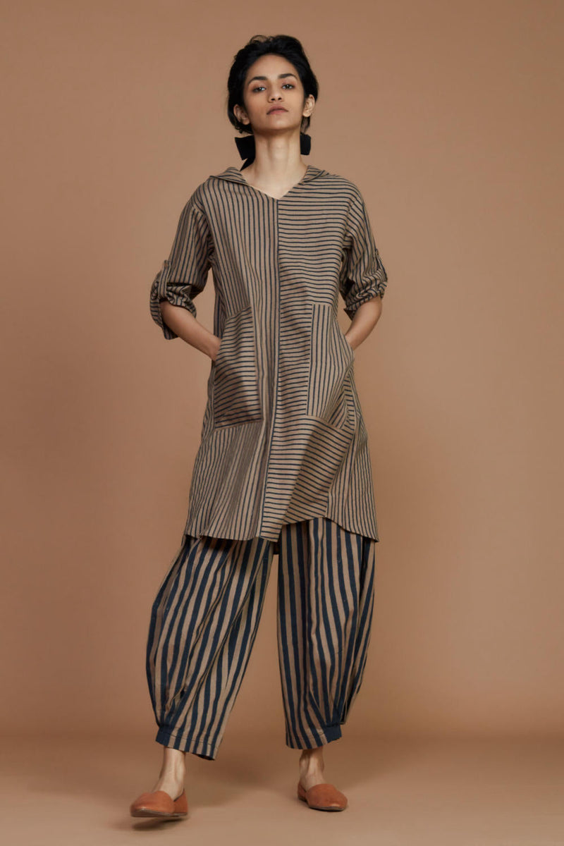 Brown With Charcoal Striped Hooded Co-ord Set Co-ord Set,Dress by Mati for women in Singapore