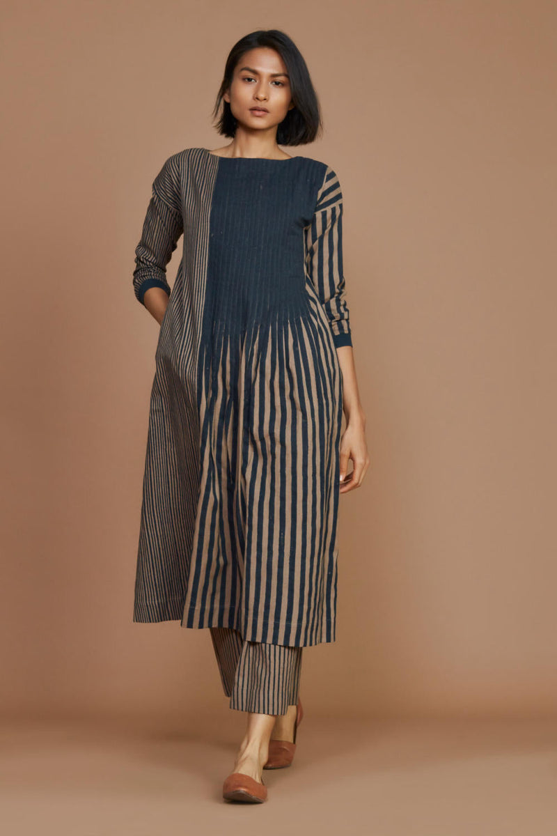 Brown With Charcoal Striped Pleated Co-Ord Set Co-ord Set by Mati for women in Singapore
