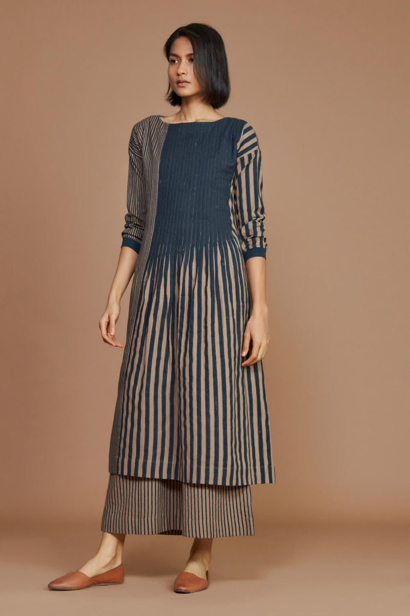 Brown With Charcoal Striped Pleated Co-Ord Set Co-ord Set by Mati for women in Singapore