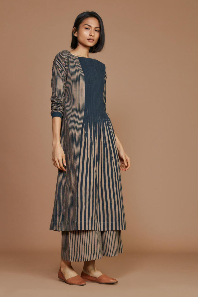 Brown With Charcoal Striped Pleated Co-Ord Set Co-ord Set by Mati for women in Singapore