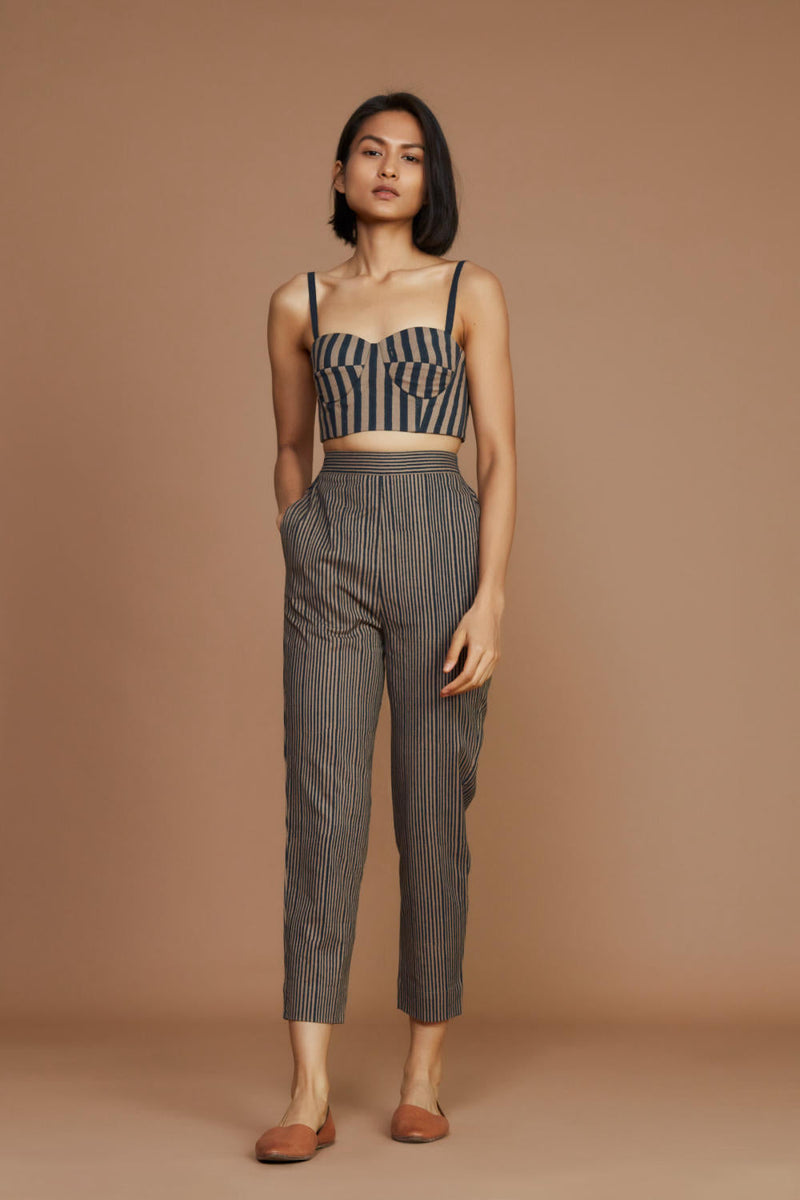 Brown with Charcoal Striped Trench & Corset Co-Ord Set Co-ord Set by Mati for women in Singapore