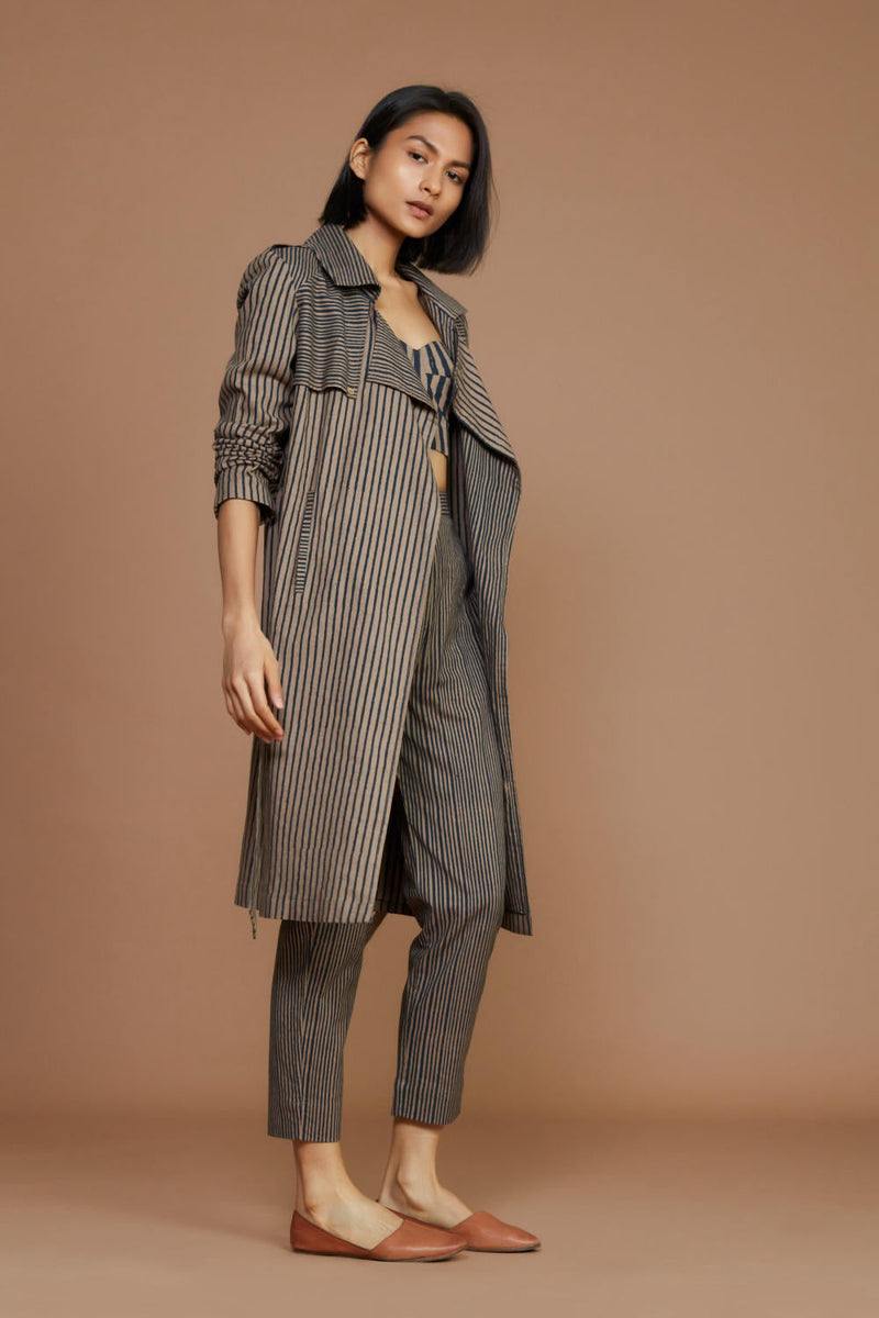 Brown with Charcoal Striped Trench & Corset Co-Ord Set Co-ord Set by Mati for women in Singapore