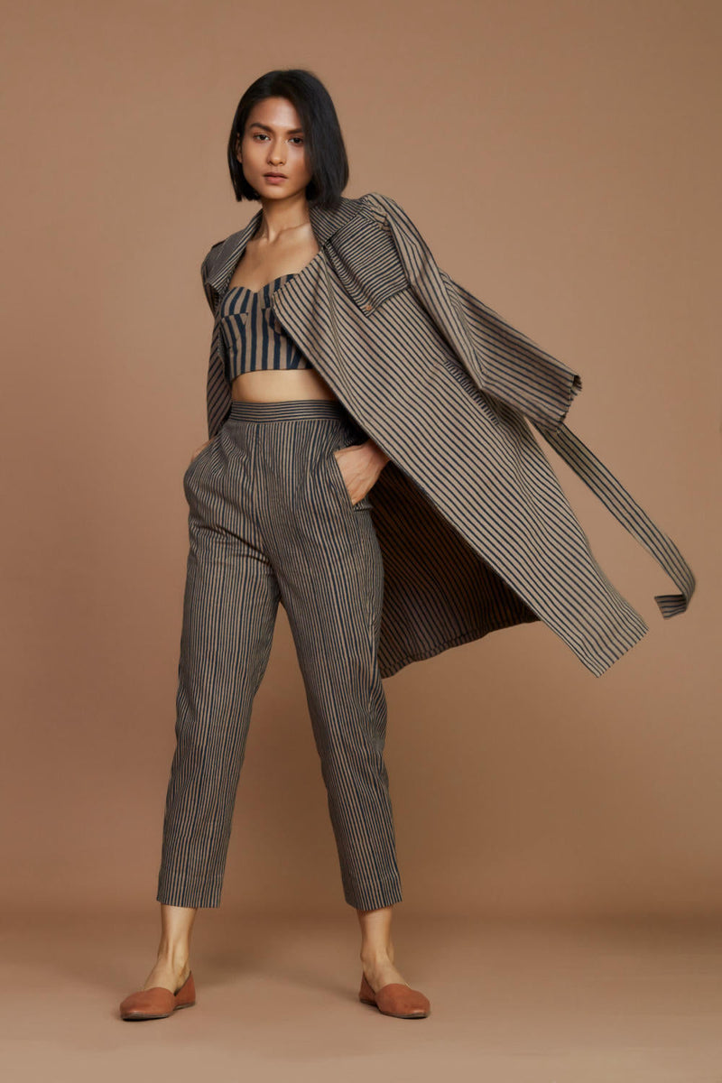 Brown with Charcoal Striped Trench & Corset Co-Ord Set Co-ord Set by Mati for women in Singapore