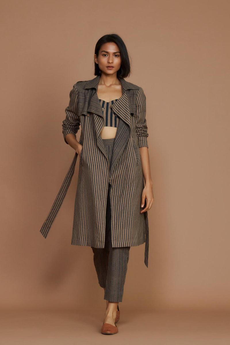 Brown with Charcoal Striped Trench & Corset Co-Ord Set Co-ord Set by Mati for women in Singapore