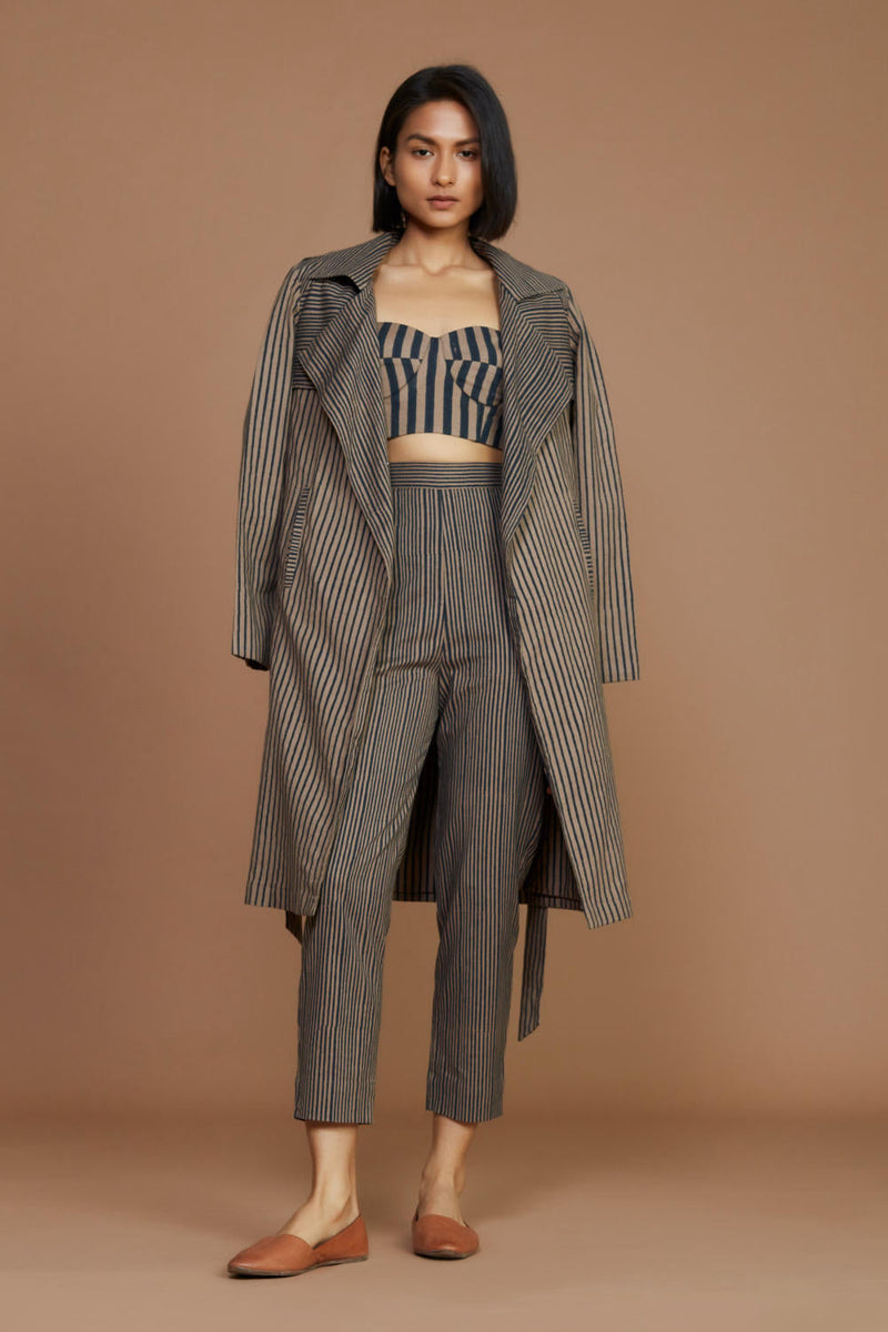 Brown with Charcoal Striped Trench & Corset Co-Ord Set Co-ord Set by Mati for women in Singapore