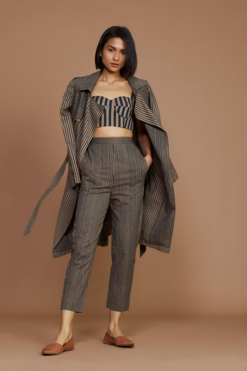 Brown with Charcoal Striped Trench & Corset Co-Ord Set Co-ord Set by Mati for women in Singapore