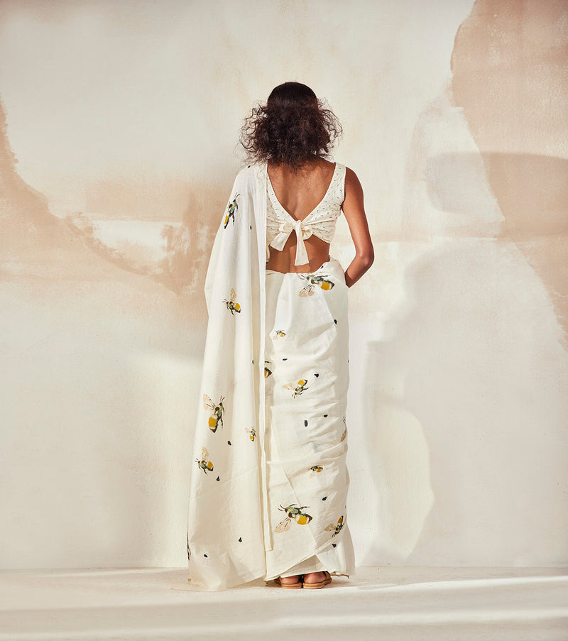 Busy Bee Saree Sarees by Khara Kapas in white for women in Singapore