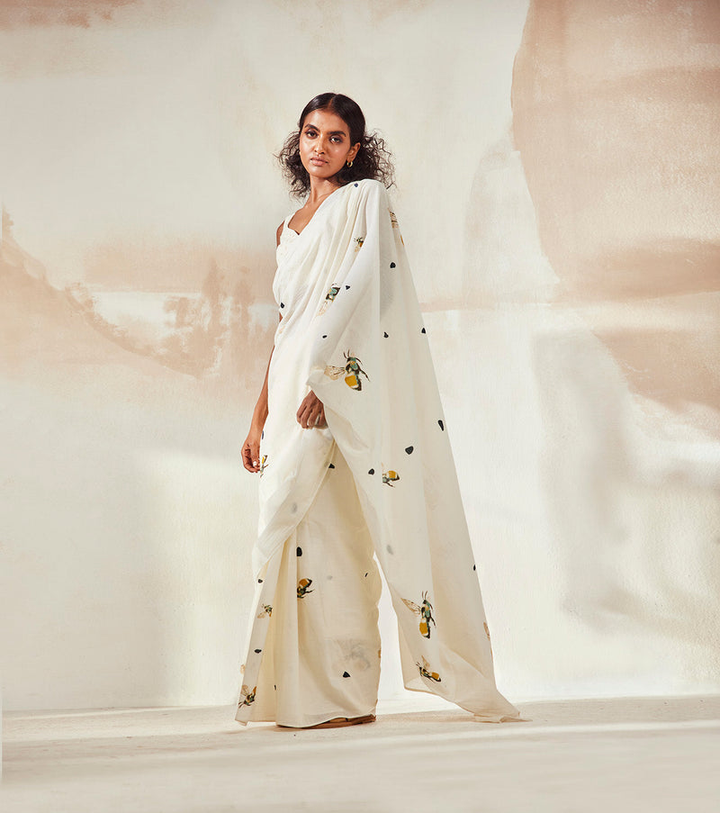 Busy Bee Saree Sarees by Khara Kapas in white for women in Singapore