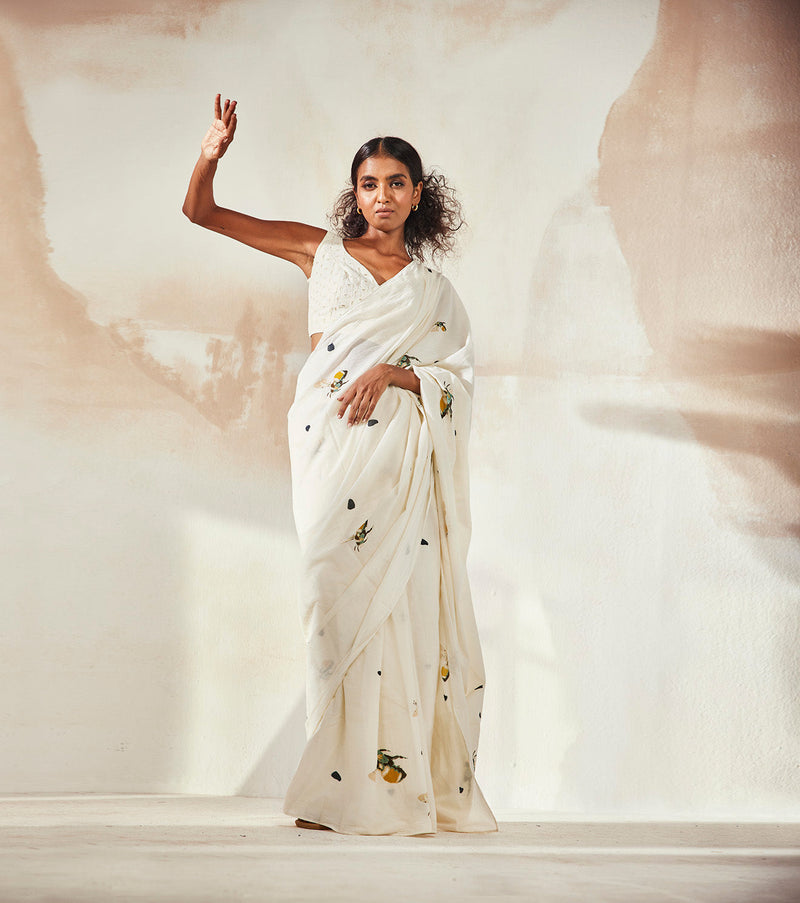 Busy Bee Saree Sarees by Khara Kapas in white for women in Singapore